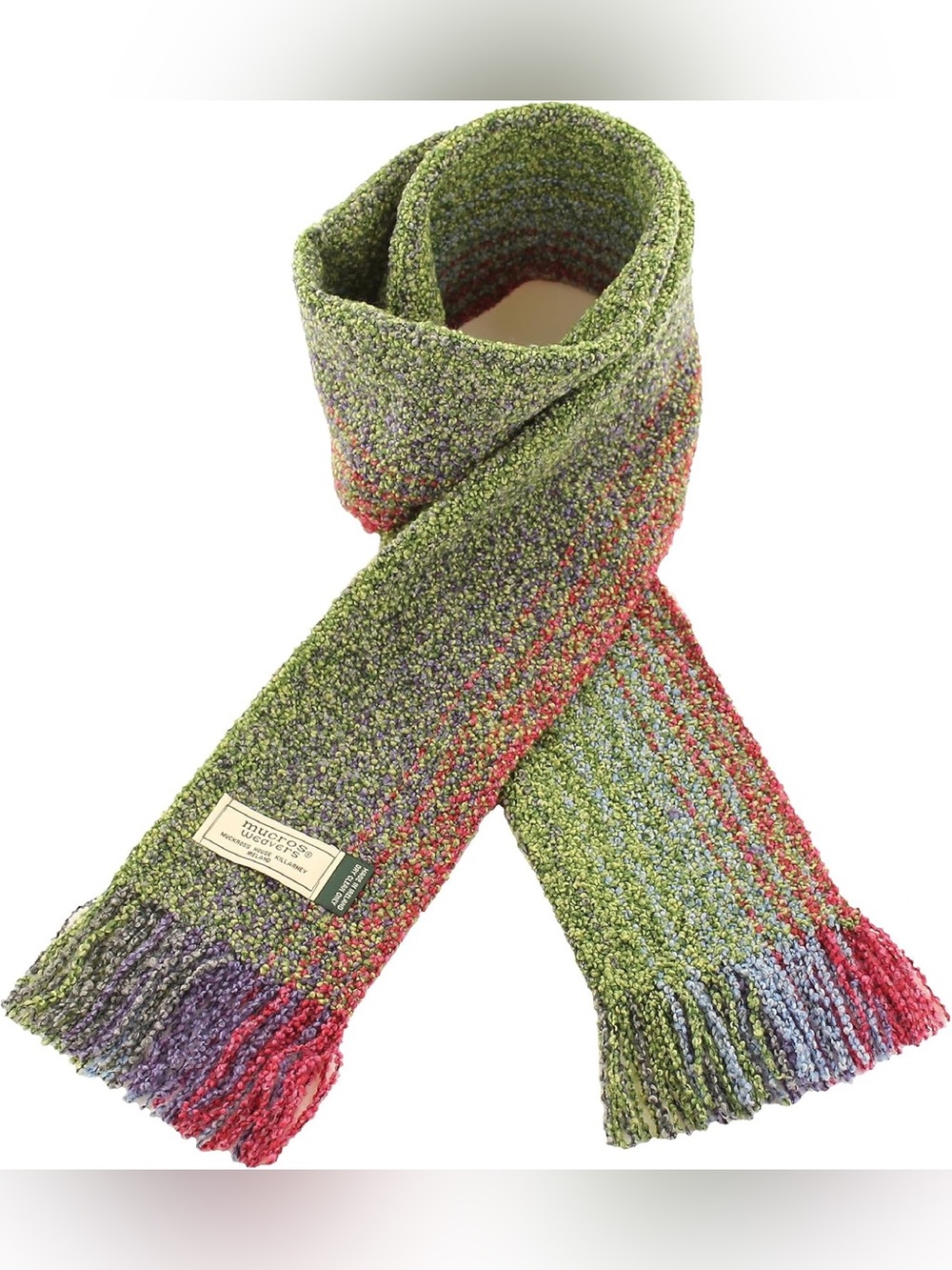 Mucros Weavers Skellig Scarf Wool Cashmere Blend Fringe Green Red